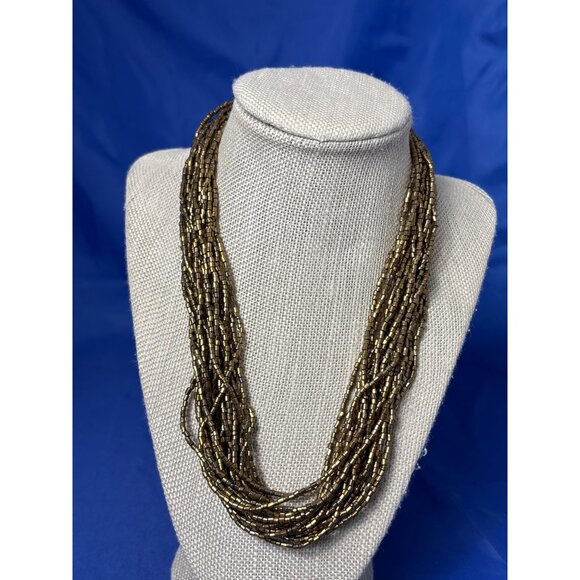 Multi Strand Bronze Color Seed Bead Necklace Retro Boho Festival 16-18.5 inches - Picture 1 of 3